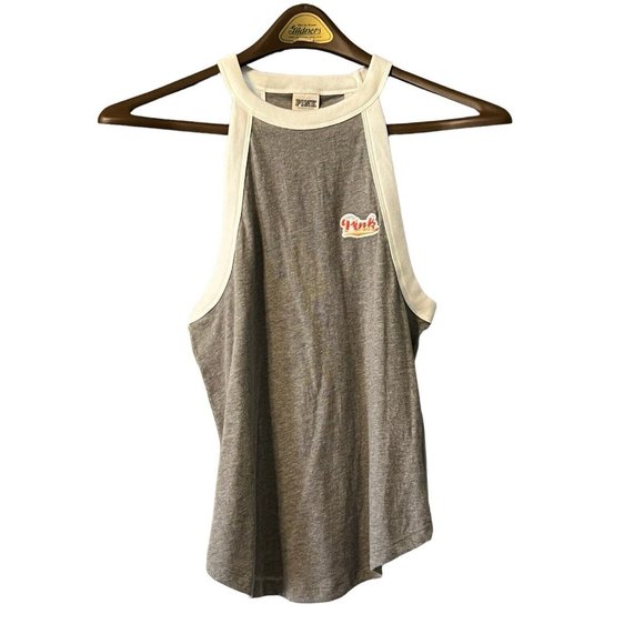 PINK Victoria's Secret Grey Tank with Rainbow‎ Colored Embroider Size XS - Picture 1 of 9